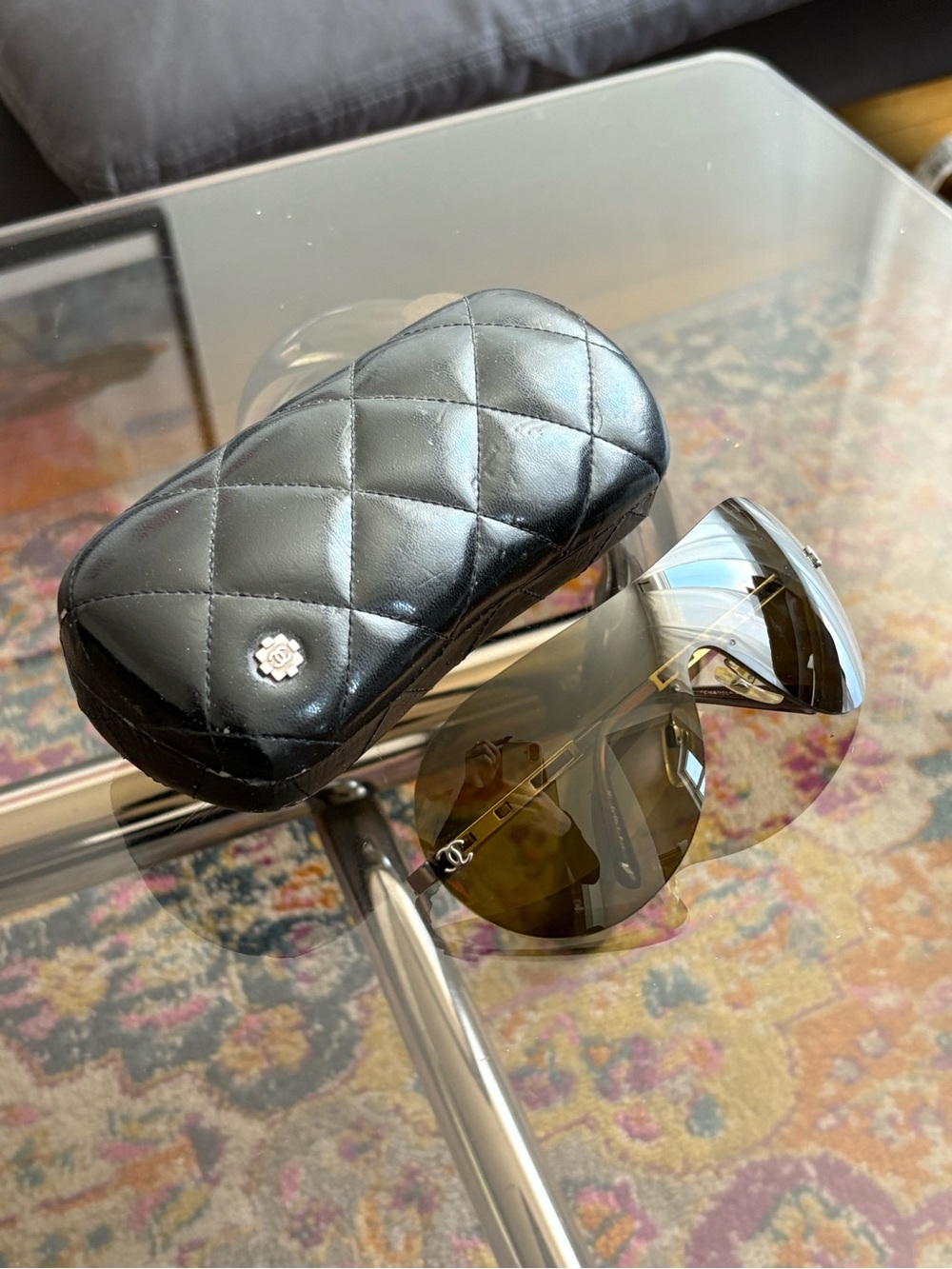 CHANEL Black Quilted Case with Black Tinted Shield Sunglasses
